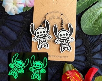 Stitch Skeleton Earrings 3D Printed Stitch Halloween Earrings Handmade Lilo and Stitch Glow in the Dark Halloween Costume Earrings C3