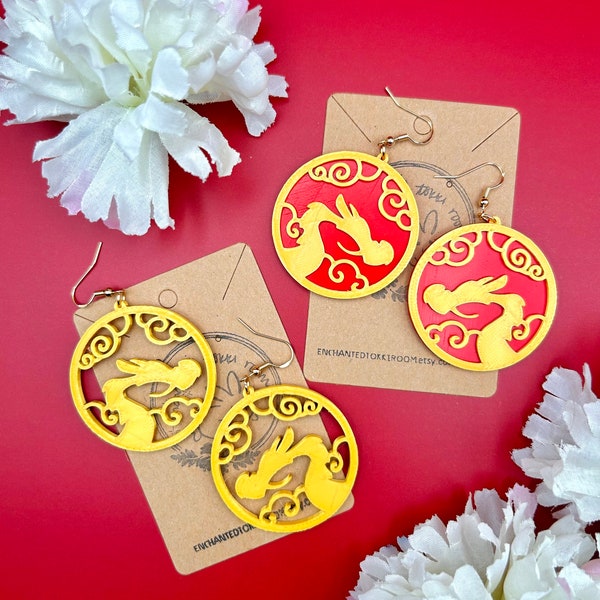 Mushu Earrings 3D Printed Mulan Mushu Medallion Earrings Year of the Dragon Earrings Lunar New Year Mushu Dragon Earrings Handmade