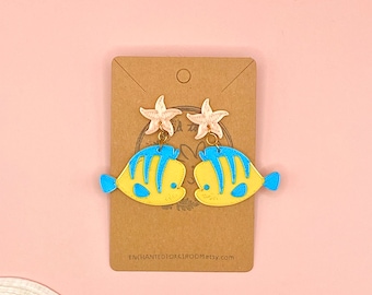 Flounder Earrings Starfish Studs The Little Mermaid Earrings Disney Princess Earrings Ariel Earrings 3D Printed Earrings Handmade Earrings