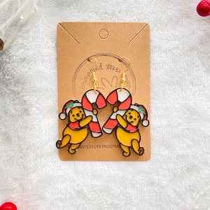Winnie the Pooh Christmas Earrings 3D Printed Pooh Bear Holiday Christmas Earrings Handmade Xmas Holiday Earrings Candy Cane Pooh Earrings