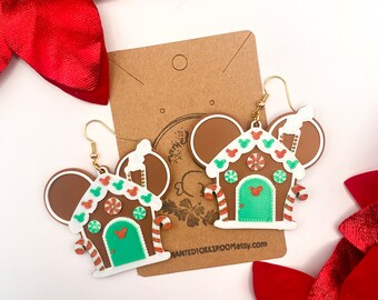 Mickey Gingerbread House kerstoorbellen 3D-geprint peperkoekhuisje kerstoorbellen Handgemaakte kerstvakantieoorbellen
