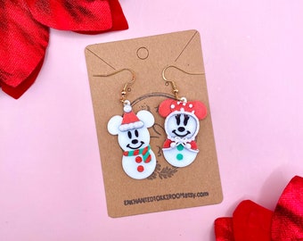 Mickey and Minnie Snowman Earrings 3D Printed Snowman Mickey Mouse Minnie Mouse Christmas Earrings Handmade Xmas Holiday Earrings