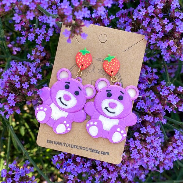 Disney Inspired Lotso Bear Earrings With Strawberry Studs 3D Printed Lotso Bear Earrings Toy Story Earrings Handmade Disney Earrings Jewelry