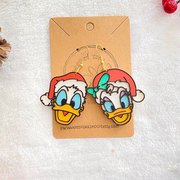 Donald and Daisy Christmas Earrings 3D Printed Donald Duck Daisy Duck Christmas Earrings Handmade Xmas Holiday Earrings Santa