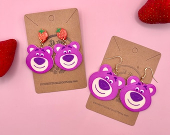 Disney Inspired Lotso Bear Earrings With Strawberry Studs 3D Printed Lotso Bear Earrings Toy Story Earrings Handmade Disney Earrings F2