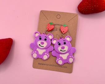 Disney Inspired Lotso Bear Earrings With Strawberry Studs 3D Printed Lotso Bear Earrings Toy Story Earrings Handmade Disney Earrings F2