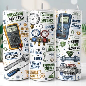 May include: A white cylindrical tumbler featuring a colorful graphic print of engineering and technician tools, including a multimeter, pressure gauges, a wrench, a screwdriver, and a terminal block, accompanied by text like Precision Matters.