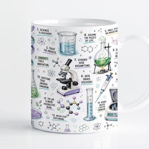 May include: A white ceramic mug featuring a colourful scientific illustration pattern. The design includes a microscope, beaker, flask, pipette, and centrifuge, accompanied by numbered text labels such as Science is Discovery and Curiosity Fuels Innovation.
