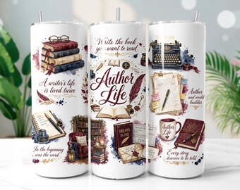 Author Life Tumbler Wrap PNG, Book Lover 20oz Skinny Tumbler Sublimation Design, Digital Download