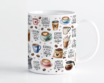 Coffee Lover Mug Wrap Sublimation Design PNG, Watercolor Caffeine Quote 11oz & 15oz Cricut Mug Press Template, Digital Download