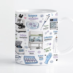 Könnte beinhalten: Ein weißer Keramikbecher mit einem farbenfrohen Aufdruck zum Thema Labor. Die Illustrationen zeigen ein Mikroskop, eine Petrischale, eine Pipette, einen Inkubator, eine Zentrifuge, einen Laborkittel und einen blauen Handschuh. Der Text umfasst Science of miracles, Embryo development, Precision in every step, Laboratory excellence, Nurturing life, Precision focus, Future starts now und Professional integrity.