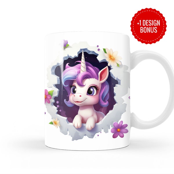 3D süßes Baby-Einhorn Becher Wrap Sublimationsvorlage, 11 Unzen 15 Unzen Designs, Cricut Mug Press PNG Wrap, Vorlage für digitalen Download