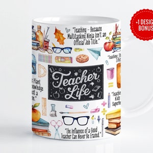 Modelo de sublimação de embrulho de caneca da vida do professor, designs de 11 onças e 15 onças, prensa de caneca Cricut PNG, download digital