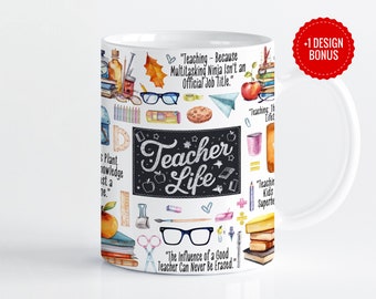 Teacher Life Mug Wrap Sublimation Template, 11oz & 15oz Designs, Cricut Mug Press PNG, Digital Download