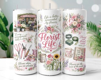 Florist Life Tumbler Wrap PNG, Watercolor Flower Shop 20oz Skinny Tumbler Sublimation Design, Digital Download