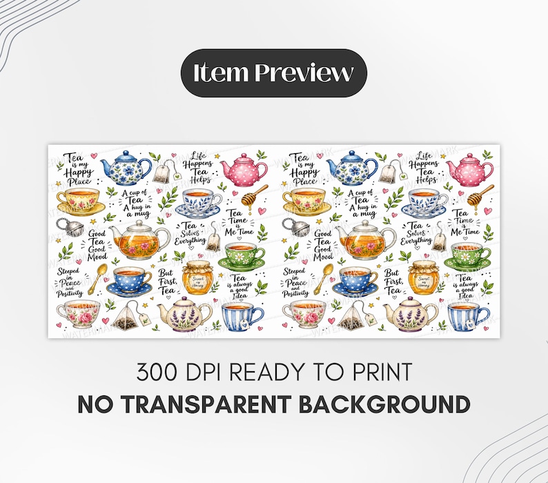 Tea Lover Mug Wrap Sublimation Design PNG, Watercolor Teapot 11oz & 15oz Cricut Mug Press Template, Digital Download image 2