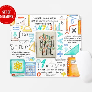 May include: A colorful mousepad with a watercolor design featuring math equations, symbols, and inspirational quotes. The mousepad includes the text "Math is like a puzzle: I love putting the pieces together." and "MATH LIFE".