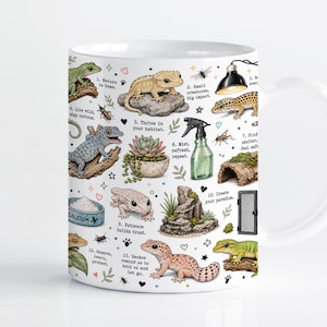 Może przedstawiać: Biały ceramiczny kubek z kolorową ilustracją różnych gekonów, sukulenta, butelki ze spryskiwaczem, lampy grzewczej i miseczki z wapniem. Projekt zawiera ponumerowane etykiety tekstowe, takie jak Nature is home, Small creatures, big impact oraz Geckos remind us to hold on and let go.