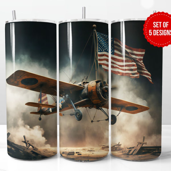 3D USA Biplane Tumbler Wrap Sublimation Design, Plane Pilot Gifts, Skinny 20oz Straight Tumbler PNG Template, Digital Download