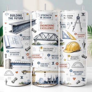May include: A cylindrical tumbler featuring a white background with engineering-themed illustrations including steel beams, a bridge, a yellow hard hat, blueprints, and construction tools. Text includes "Building the Future" and "Engineering Excellence."