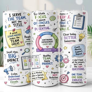 May include: A white cylindrical tumbler featuring a colorful Scrum master theme with various motivational phrases, icons like a lightbulb, megaphone, and target, and a continuous improvement cycle diagram printed in multiple colors.