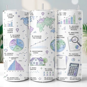 Op de afbeelding: Een witte cilindrische beker met rietje, voorzien van een kleurrijke aquarelprint met datavisualisatie-afbeeldingen, waaronder een wereldkaart, cirkeldiagrammen, staafdiagrammen, een rekenmachine en genummerde tekstlabels van 1 tot 20.