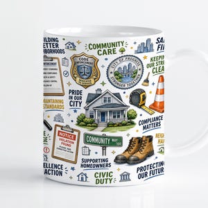 May include: A white ceramic mug featuring a colorful graphic print of municipal and code enforcement themes. Illustrations include a house, a measuring tape, a traffic cone, work boots, and text such as "Community Care," "Compliance Matters," and "Notice Violation Found."