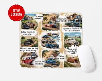 May include: A set of five vintage truck designs featuring different colored trucks with various sayings about classic trucks. The sayings include "The original workhorse", "Vintage truckin', it's a way of life", "Old trucks never die, they just get better with age", "Vintage vibes, modern heart", "Life is better with a little rust and a lot of horsepower", "Rough around edges, tough in middle", "Patina perfection", "Old truck, new adventures".