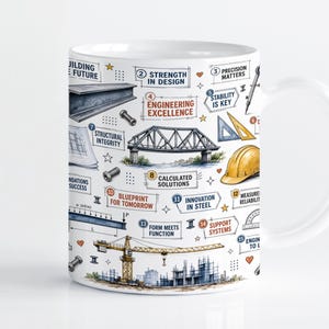May include: A white ceramic mug featuring a detailed engineering-themed graphic print. The design includes illustrations of a steel beam, a bridge, a yellow hard hat, a crane, and various drafting tools, accompanied by numbered text labels.