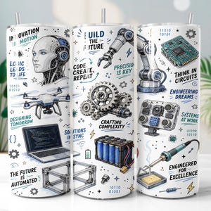 May include: A white cylindrical tumbler featuring a detailed engineering-themed print with illustrations of a robot head, a drone, a laptop, gears, a circuit board, a battery pack, and a soldering iron, accompanied by text including Innovation in Motion.