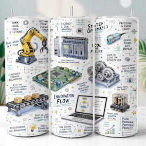 Puede incluir: Un vaso cilíndrico con fondo blanco e ilustraciones coloridas de componentes de automatización industrial, incluyendo un brazo robótico, placa de circuito, cinta transportadora y portátil, junto a texto técnico como Innovation Flow.