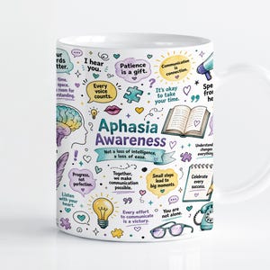 May include: A white ceramic mug featuring a colorful Aphasia Awareness design. The print includes various speech bubbles, a brain illustration, a lightbulb, an open book, and glasses, with text such as Aphasia Awareness, I hear you, and Every voice counts.