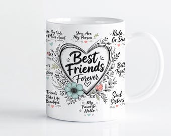 Best Friends Forever Mug Wrap Sublimation Design PNG, Floral Friendship Quote 11oz & 15oz Cricut Mug Press Template, Digital Download