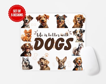 Dogs Lover Mouse Pad PNG Sublimation Design, Life is Better With Dogs Square Round Mouse Pad Sublimate Template, Digital Download