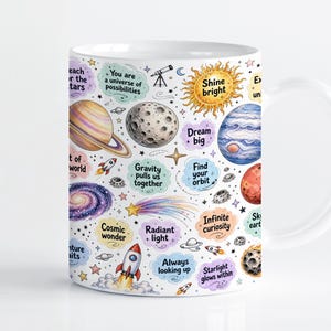 Może przedstawiać: Biały ceramiczny kubek z kolorowym wzorem o tematyce kosmicznej, zawierający ilustracje planet, rakiety, teleskopu i gwiazd. Projekt zawiera różne inspirujące hasła, takie jak Shine bright, Dream big oraz Cosmic wonder.