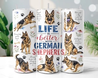 German Shepherd Tumbler Wrap PNG, Watercolor Dog 20oz Skinny Tumbler Sublimation Design, Digital Download