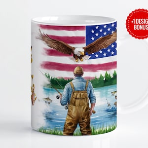 Patriotic Fisher Mug Wrap Sublimation Template, 11oz & 15oz Designs, Cricut Mug Press PNG, Digital Download