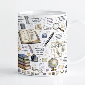 May include: A white ceramic mug featuring a detailed illustration of etymology-themed elements including an open dictionary, a fountain pen, a magnifying glass, a globe, stacks of books, an inkwell with a quill, and various quotes about language.