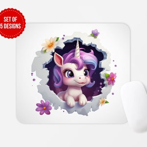 3D süßes Baby-Einhorn-Mauspad PNG-Sublimationsdesign, quadratisches rundes Mauspad-Sublimationsvorlage, digitaler Download