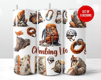 May include: Set of five 20 oz stainless steel tumblers with a white background and colorful illustrations of climbing gear, including a backpack, rope, helmet, and climbing shoes. The tumblers feature the text "Climbing Life".
