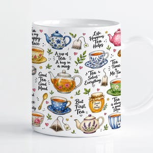 Tea Lover Mug Wrap Sublimation Design PNG, Watercolor Teapot 11oz & 15oz Cricut Mug Press Template, Digital Download image 1