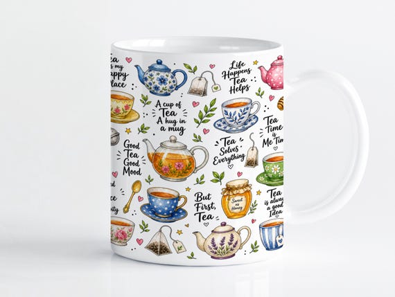 Tea Lover Mug Wrap Sublimation Design PNG, Watercolor Teapot 11oz & 15oz Cricut Mug Press Template, Digital Download
