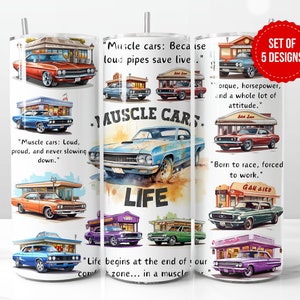 Muscle Cars Life Tumbler Wrap Sublimacja Projekt, Stary Vintage Muscle Cars Miłośnik Prezent Chudy 20oz Prosty Tumbler PNG, Pobieranie Cyfrowe