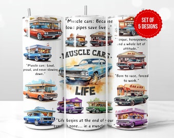 Muscle Cars Life Tumbler Wrap Sublimation Design, Old Vintage Muscle Cars Lover Gift Skinny 20oz Straight Tumbler PNG, Digital Download