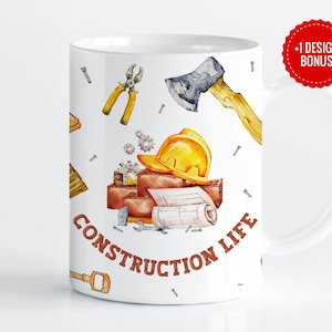 May include: White ceramic mug with a brown handle. The mug features a watercolour illustration of construction tools, including a hard hat, a hammer, a wrench, a saw, and a pair of pliers. The text "Construction Life" is printed in brown on the mug.