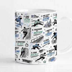 Op de afbeelding: Een witte keramische mok met een grafische print met parkour-thema. Het ontwerp bevat illustraties van personen die parkour-bewegingen uitvoeren, stadsgezichten en genummerde tekstzinnen zoals 2. FIND YOUR FLOW, 3. THE CITY IS YOUR GYM en 12. UNLEASH YOUR POTENTIAL.