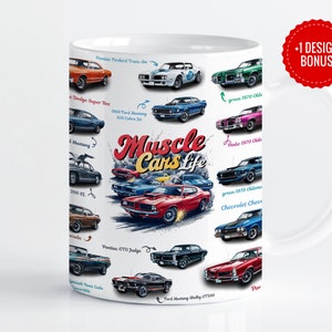 May include: White ceramic mug featuring a colourful illustration of classic muscle cars from the 1960s and 1970s. The mug includes the text "Muscle Cars Life".