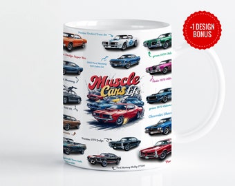 Plantilla de sublimación de envoltura de taza para amantes de Muscle Cars, diseños de 11 oz y 15 oz, Cricut Mug Press PNG, Descarga digital
