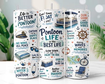 Pontoon Boat Tumbler Wrap PNG, Lake Life 20oz Skinny Tumbler Sublimation Design, Digital Download
