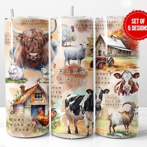May include: Set of five watercolor-style tumbler designs featuring farm animals and scenes. The designs include a highland cow, chickens, sheep, a goat, a cow, and a farmhouse. The text on the tumblers includes "Farm Life", "Home is with my Herd", "Hoein' and a Little Bit of Mowing", "Grising, and a Little Bit of Mowing", "Living the Dream", "Soul full of Sunshine", and "Row with Grace".